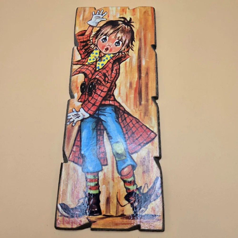 Vintage Idylle Italy Wood Wall Plaque Mid Century Boy Plaid Coat Art